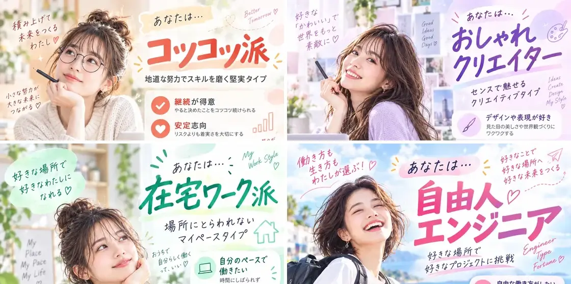 4つのタイプの紹介。コツコツ派、おしゃれクリエイター、在宅ワーク派、自由人エンジニア。それぞれの女性の写真つき