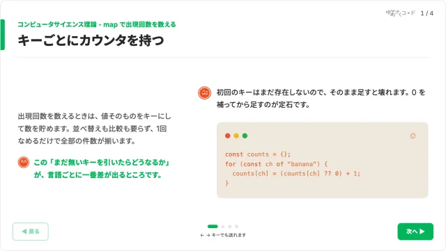 出現回数を数えるスライド。キーごとにカウンタを持つコード