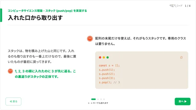 スタックのスライド。入れた口から取り出す push と pop